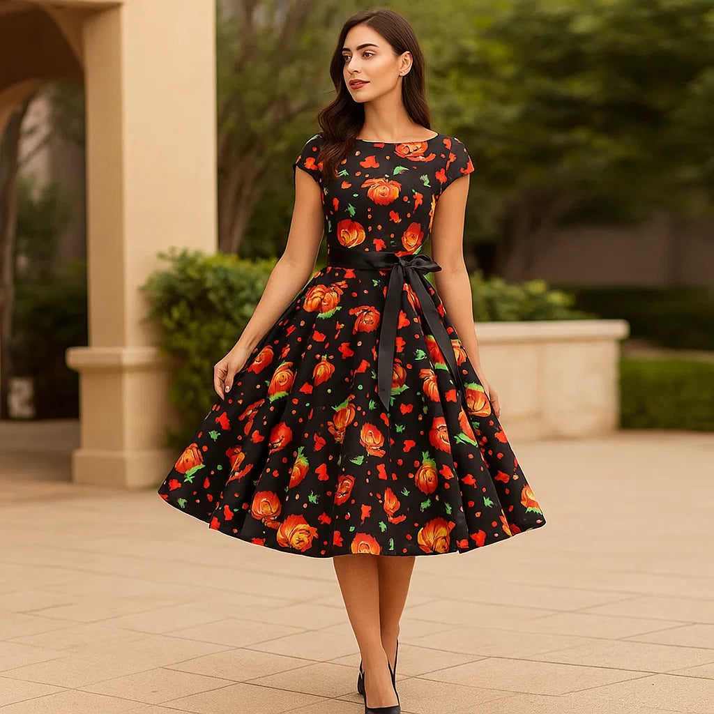 Halloween Pompoen Kostuum Jurk | Fit en Flare Midi