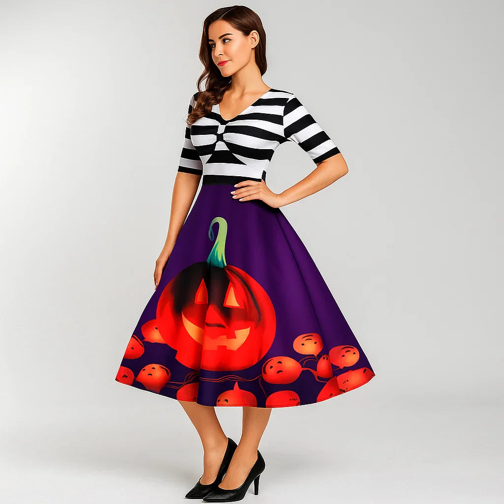 Halloween Kostuum Jurk | Gestreepte Midi Flare