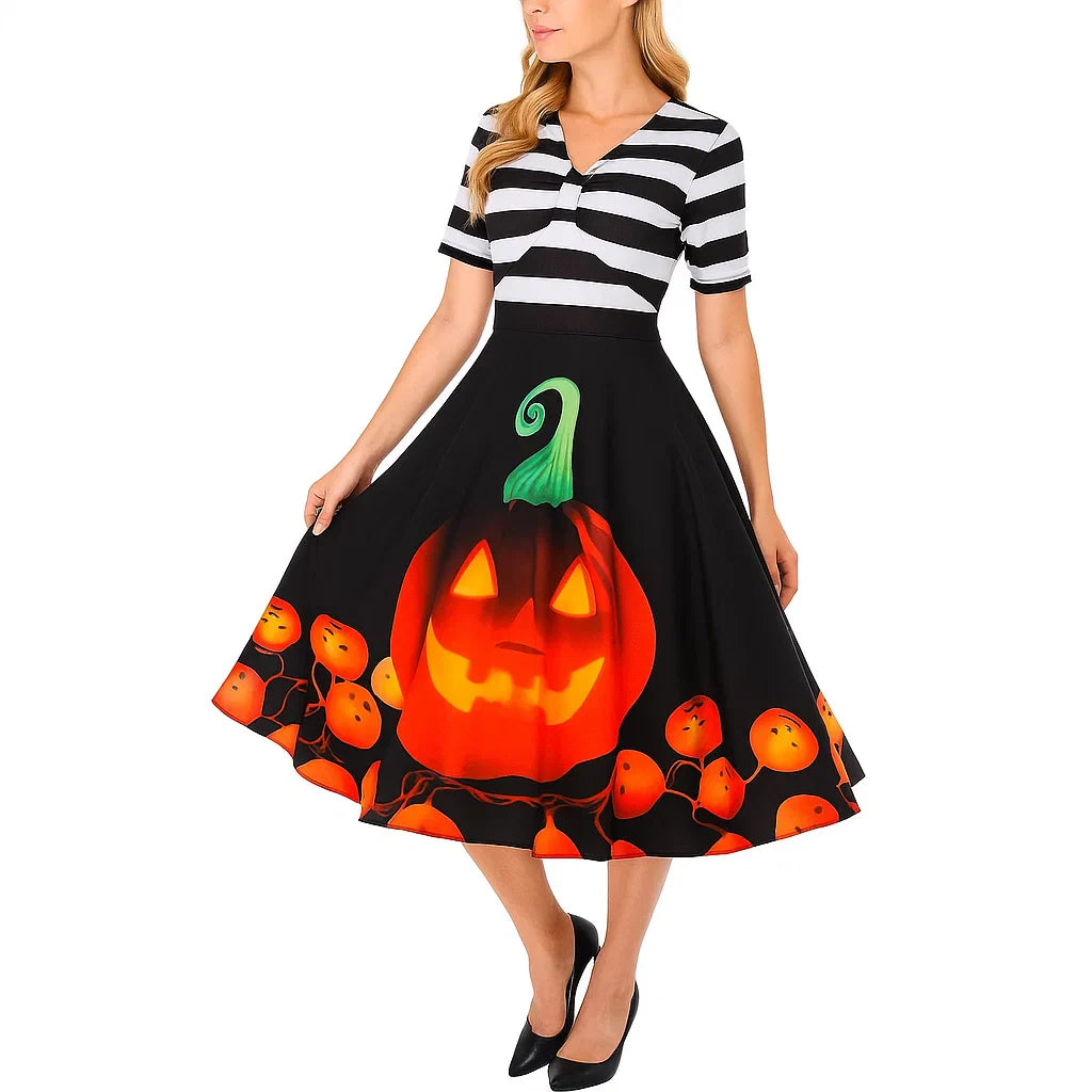 Halloween Kostuum Jurk | Gestreepte Midi Flare