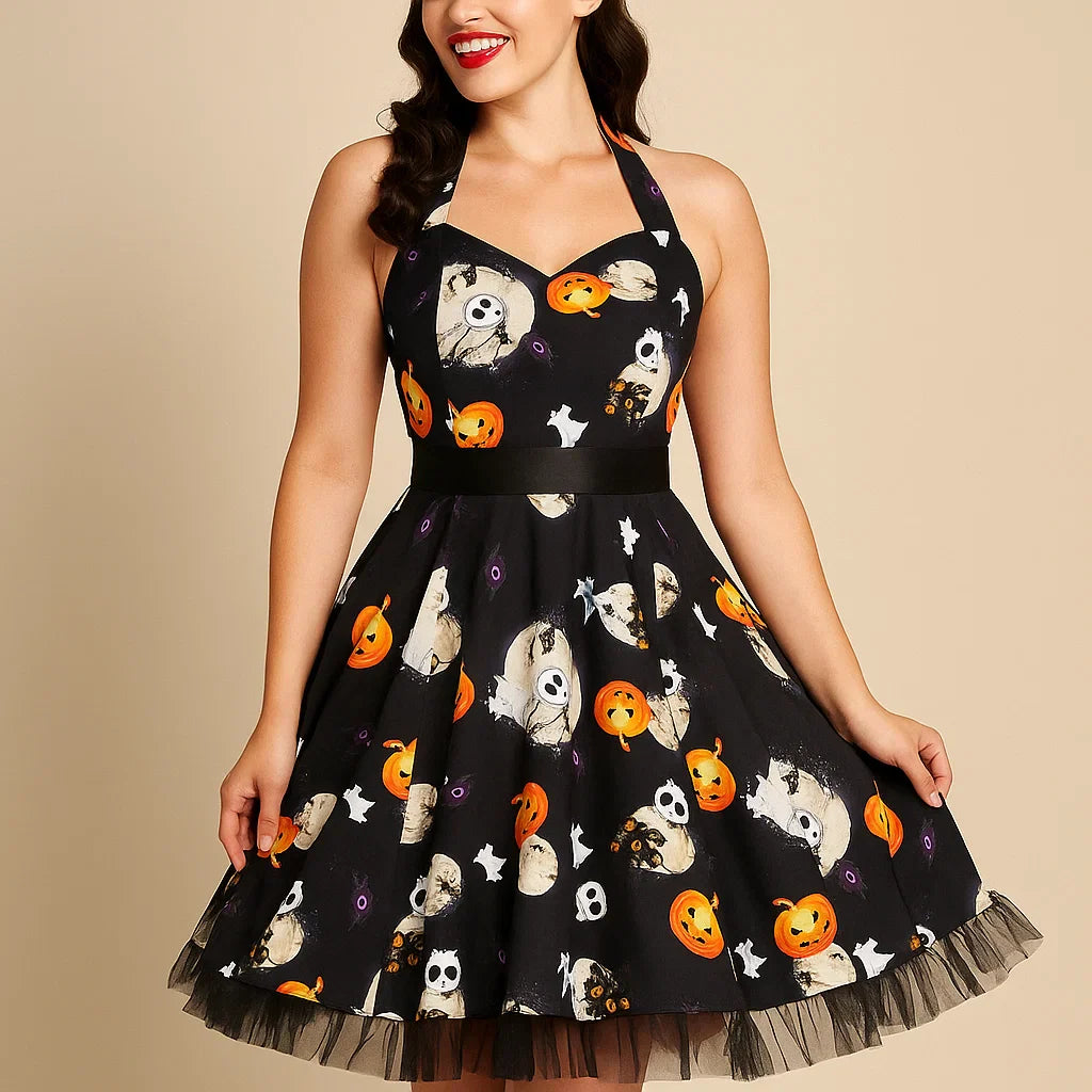 Dames Vintage Halloween Kostuum Jurk | Mouwloze Pompoen Mini