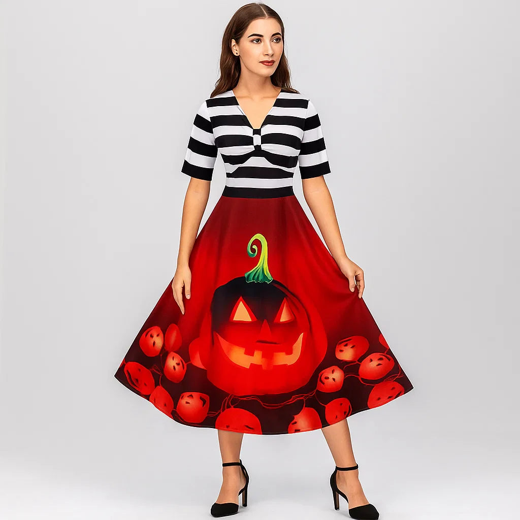 Halloween Kostuum Jurk | Gestreepte Midi Flare