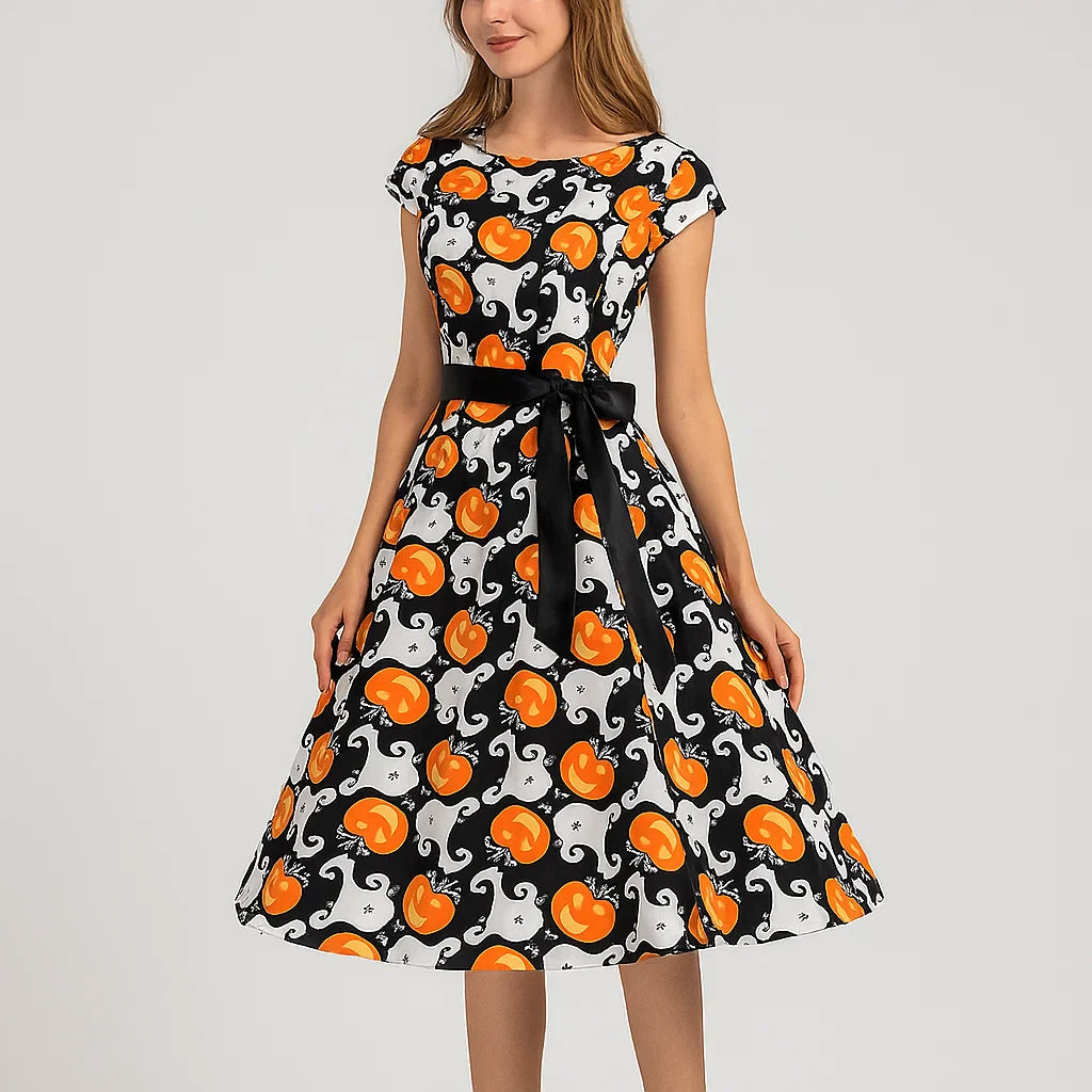 Halloween Pompoen Kostuum Jurk | Fit en Flare Midi