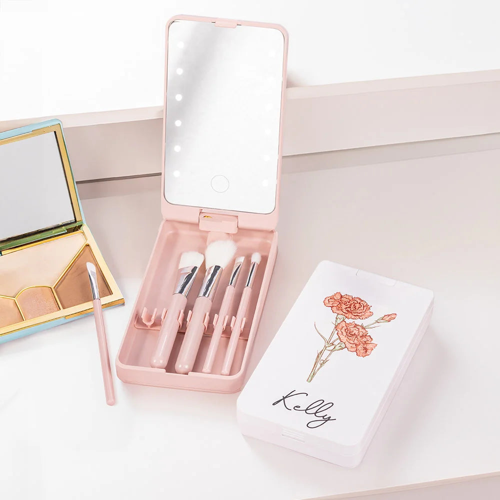 BloomBeauty Set | Gepersonaliseerde Geboortebloem Make-up Kwasten met LED Spiegel – Het Perfecte Cadeau voor Haar