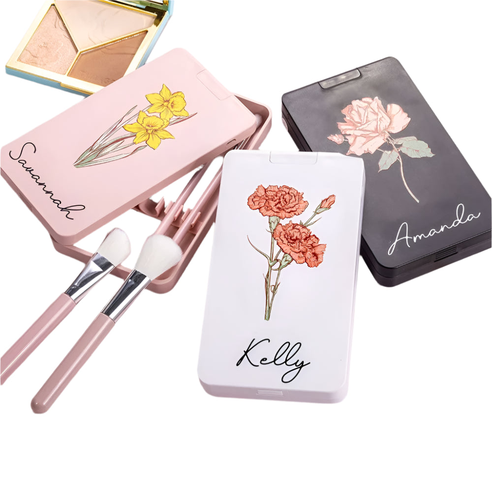BloomBeauty Set | Gepersonaliseerde Geboortebloem Make-up Kwasten met LED Spiegel – Het Perfecte Cadeau voor Haar