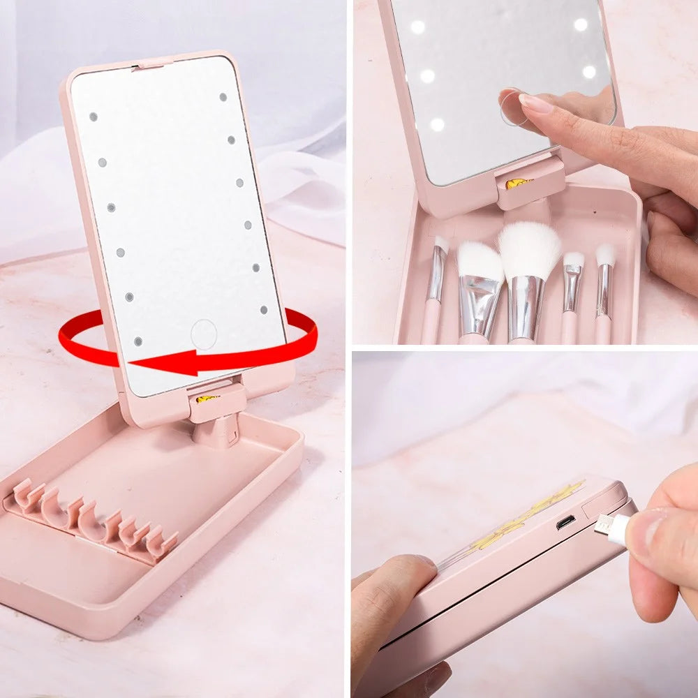 BloomBeauty Set | Gepersonaliseerde Geboortebloem Make-up Kwasten met LED Spiegel – Het Perfecte Cadeau voor Haar
