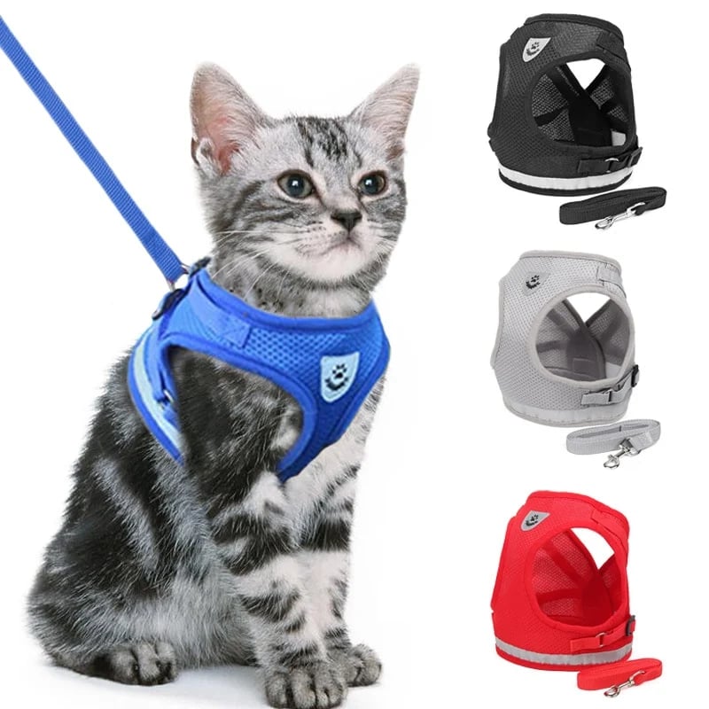 Reflecterende Kat Harnas en Leash Set met Verstelbare Bandjes voor Veilige Nachtavonturen – Comfortabele Pasvorm voor Katten en Kittens