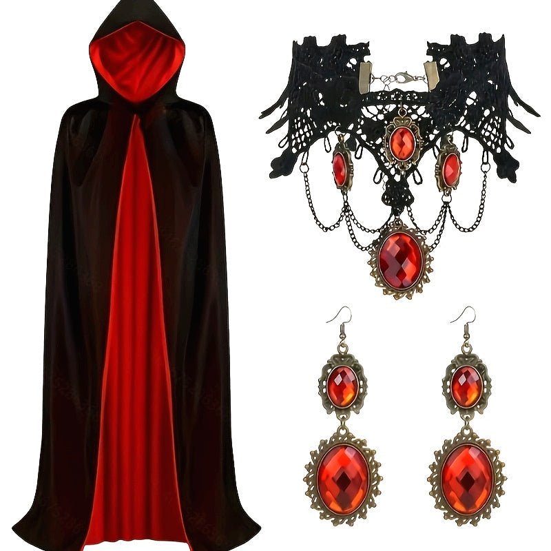 Gothic Halloween Vampier Kostuum Set met Kap | Cape Sieraden