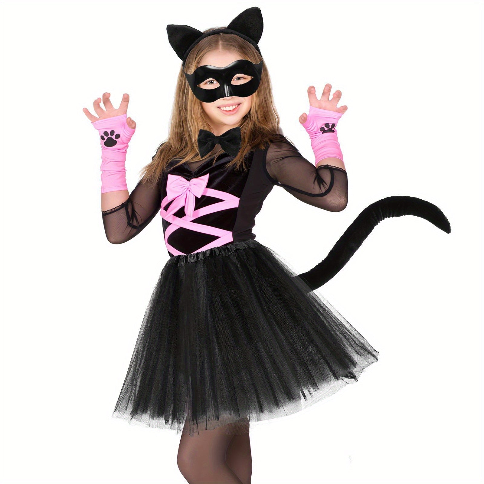 Meisjes Schattige Tulle Halloween Kostuum Jurk Set | Kat Masker Handschoenen Staart