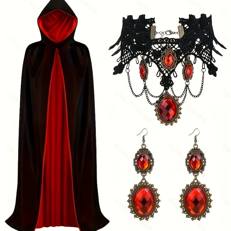 Gothic Halloween Vampier Kostuum Set met Kap | Cape Sieraden