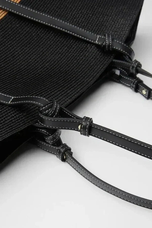 Dames Leren Tote Bag Bruin Groot Geweven met Leren Handvatten