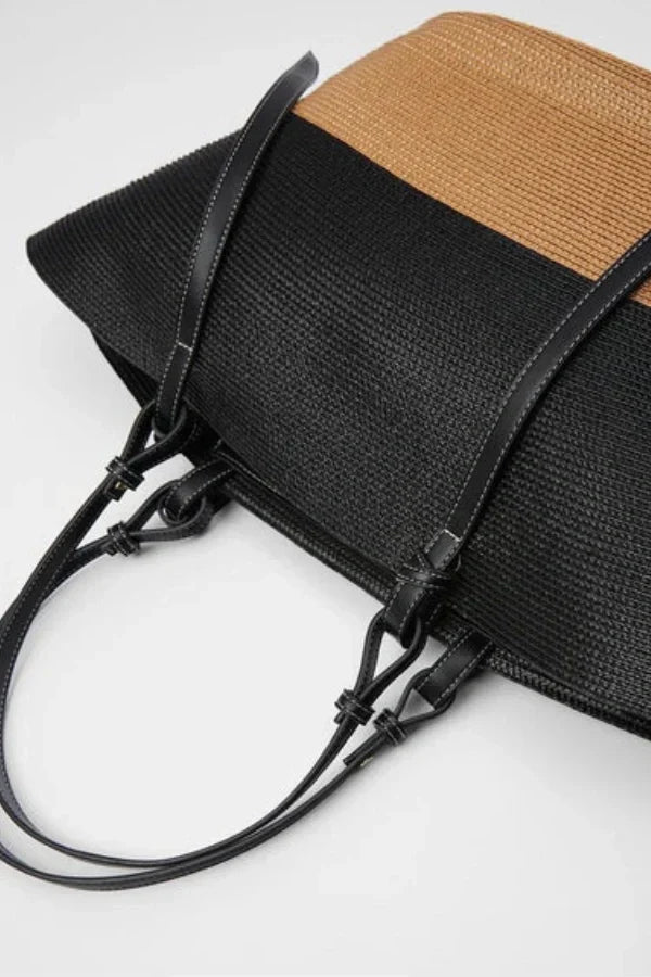 Dames Leren Tote Bag Bruin Groot Geweven met Leren Handvatten