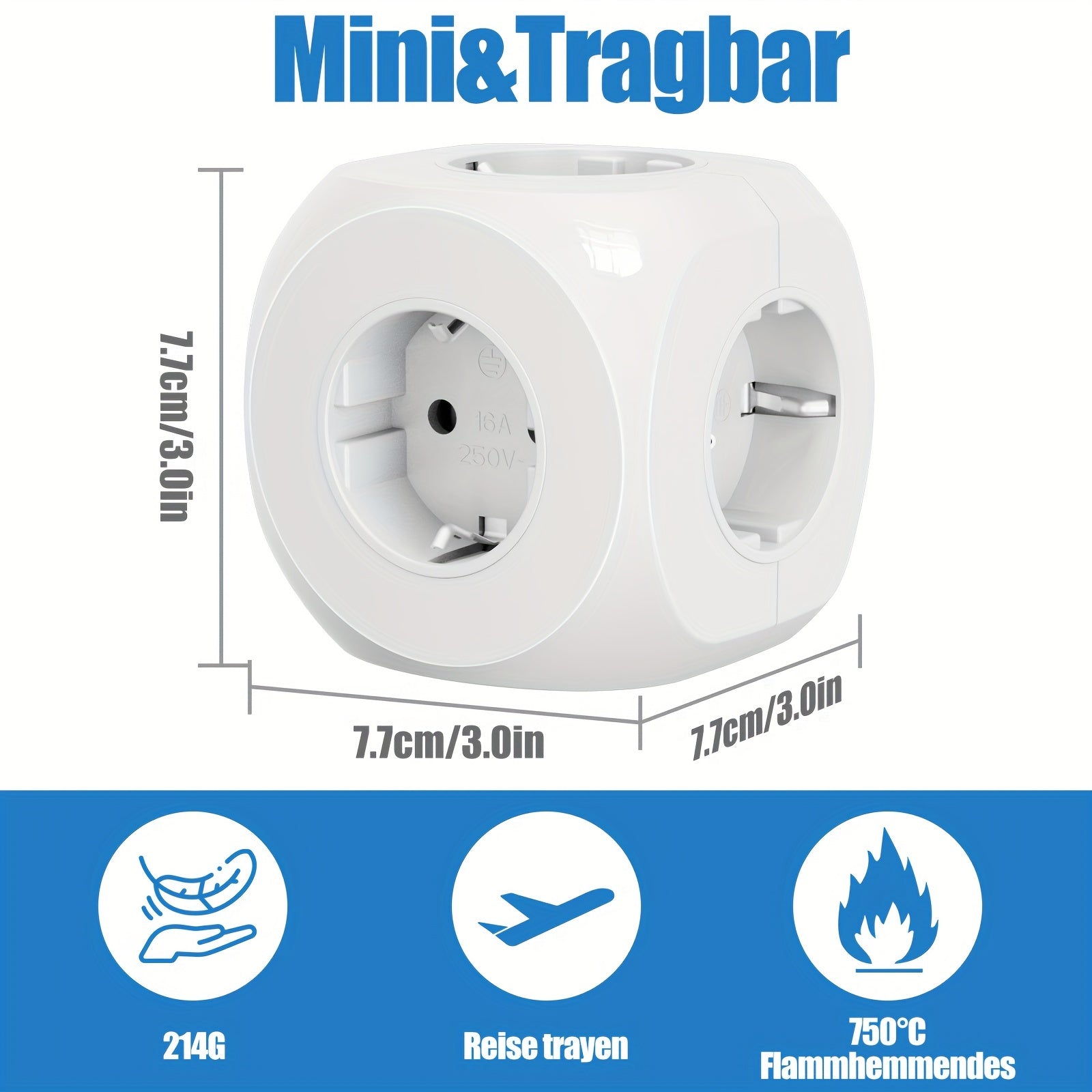 Compacte Draagbare Stroomstekker Cube met 5 Elektrische Aansluitingen – Lichtgewicht en Veilig voor Thuis, Kantoor en Reizen