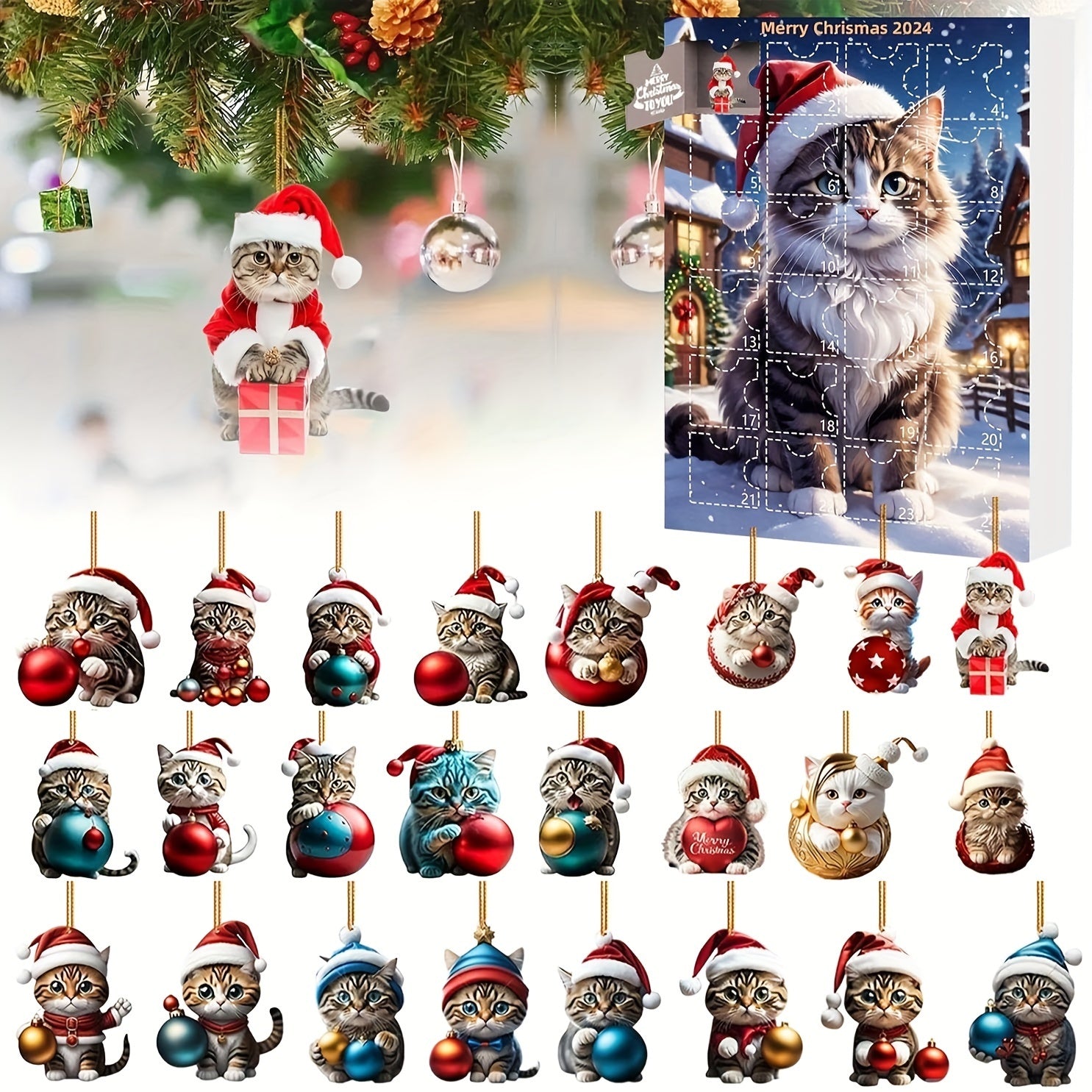 Vintage Katten Adventskalender – 24-delige Kerstkalender met Acrylhangertjes