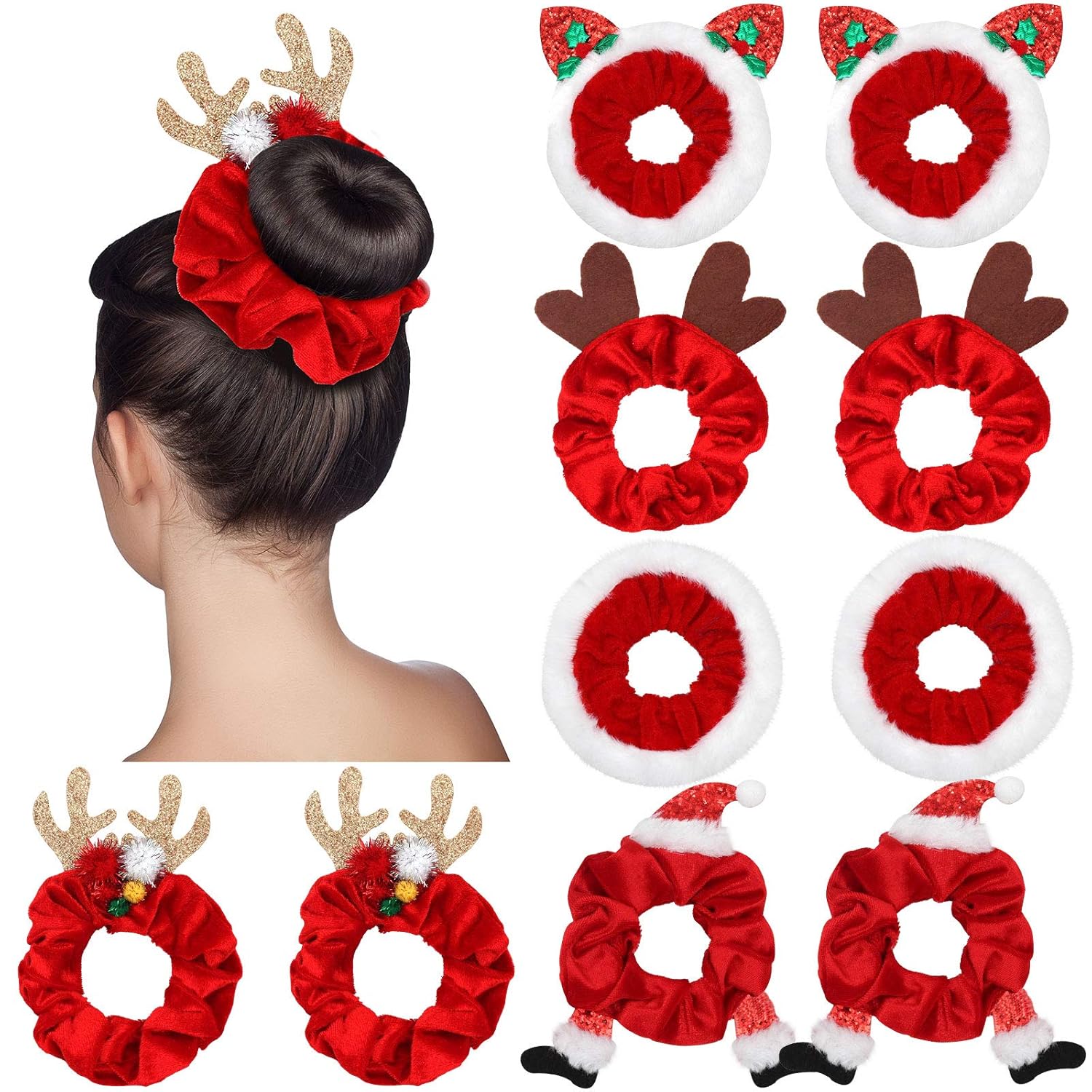 FluweelVrolijk Kerst Scrunchie Set – 10-delige haaraccessoire-collectie