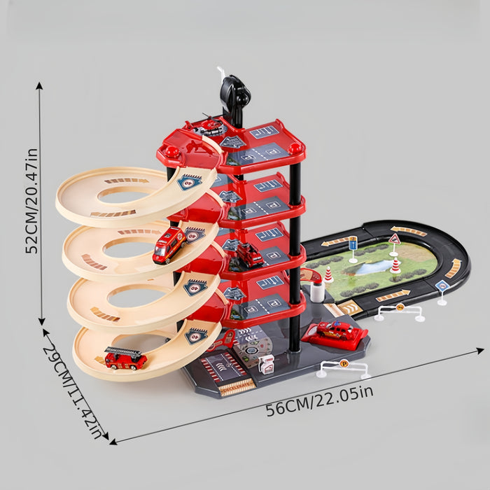 FirePark Garage Speelset - Meerdere Verdiepingen met Brandweerwagens en Verkeersborden voor Avontuurlijke Kinderen