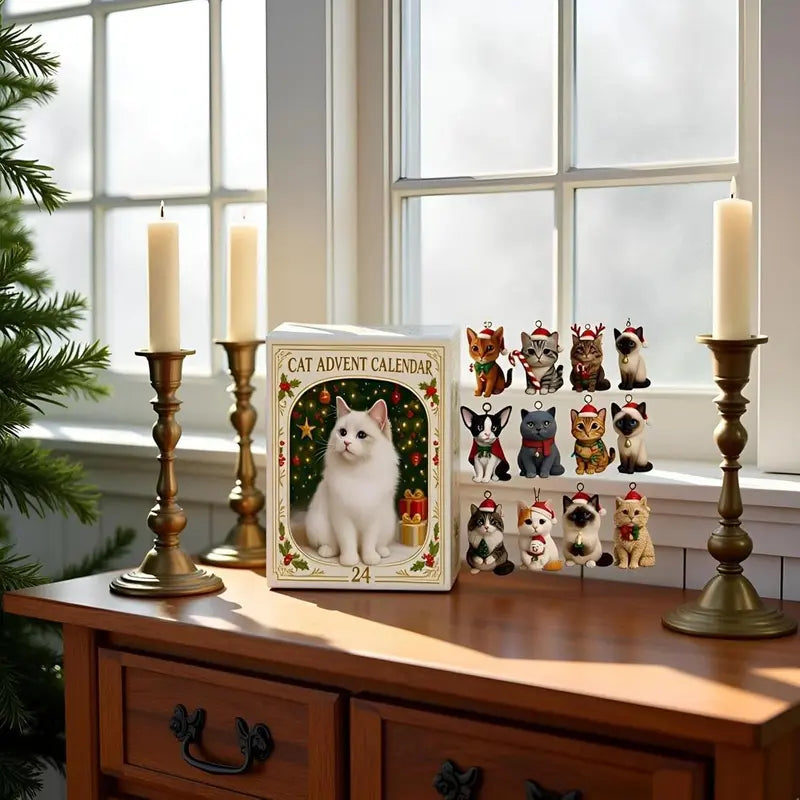 KattenKerst Adventskalender – 24 Feestelijke Acryl Kattenfiguren voor Kerstplezier