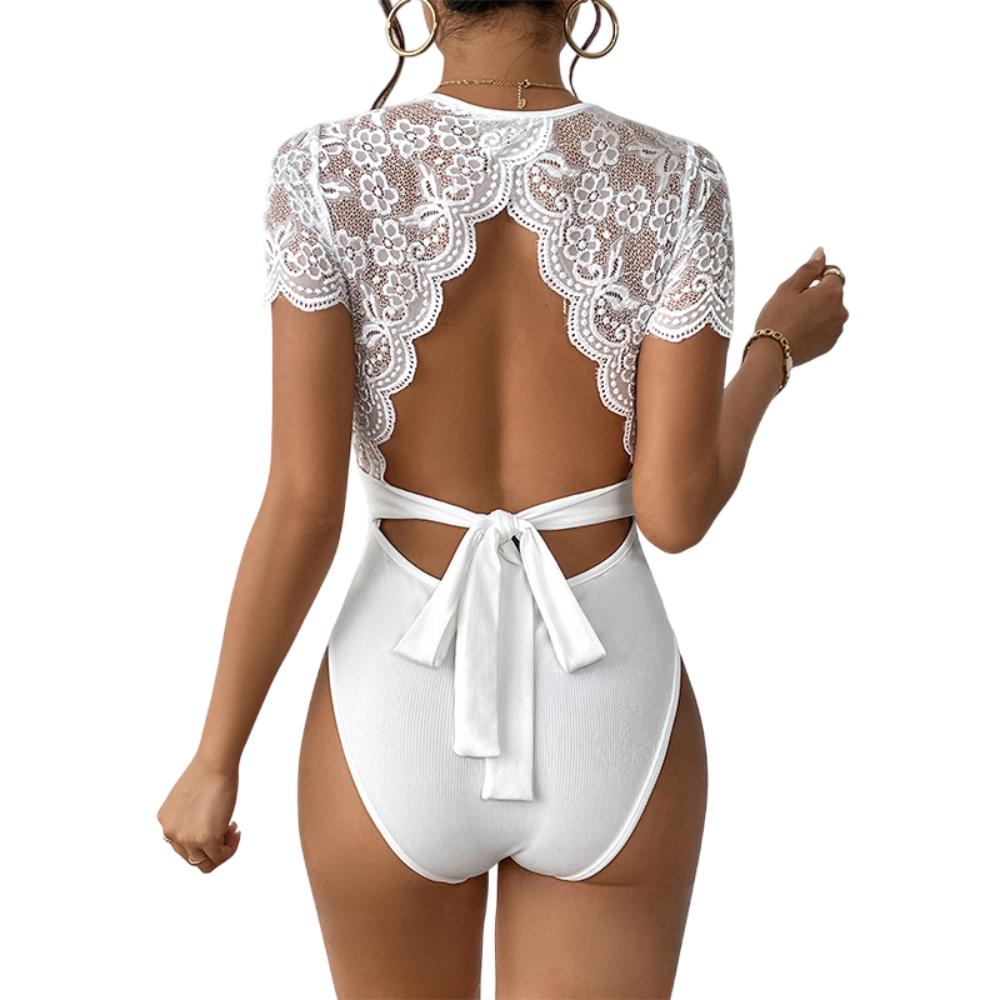 Elegante Rugloze Kanten Bodysuit Thong voor Vrouwen - Korte Mouw Zwart of Wit