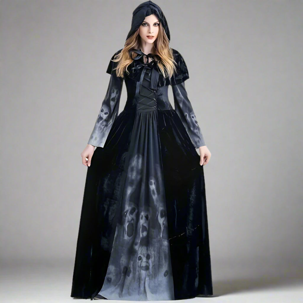 Gothic Heks Halloween Kostuum Skull Print Jurk