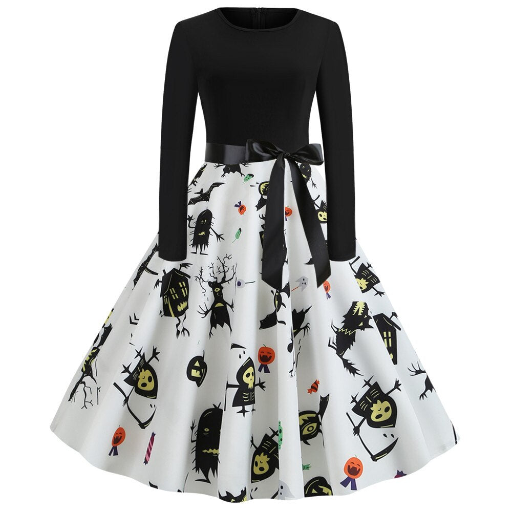 Gothic Cartoon Lange Mouwen Halloween Feestjurk | Midi