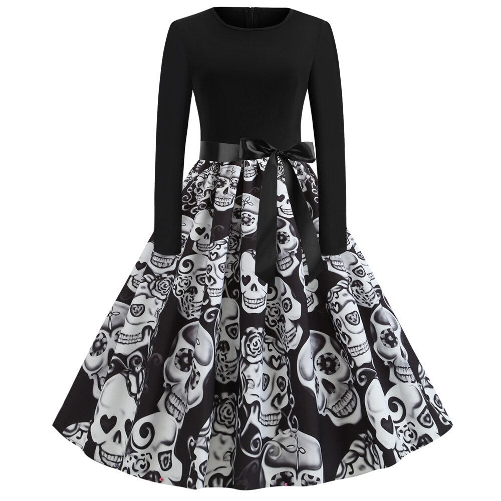 Gothic Cartoon Lange Mouwen Halloween Feestjurk | Midi