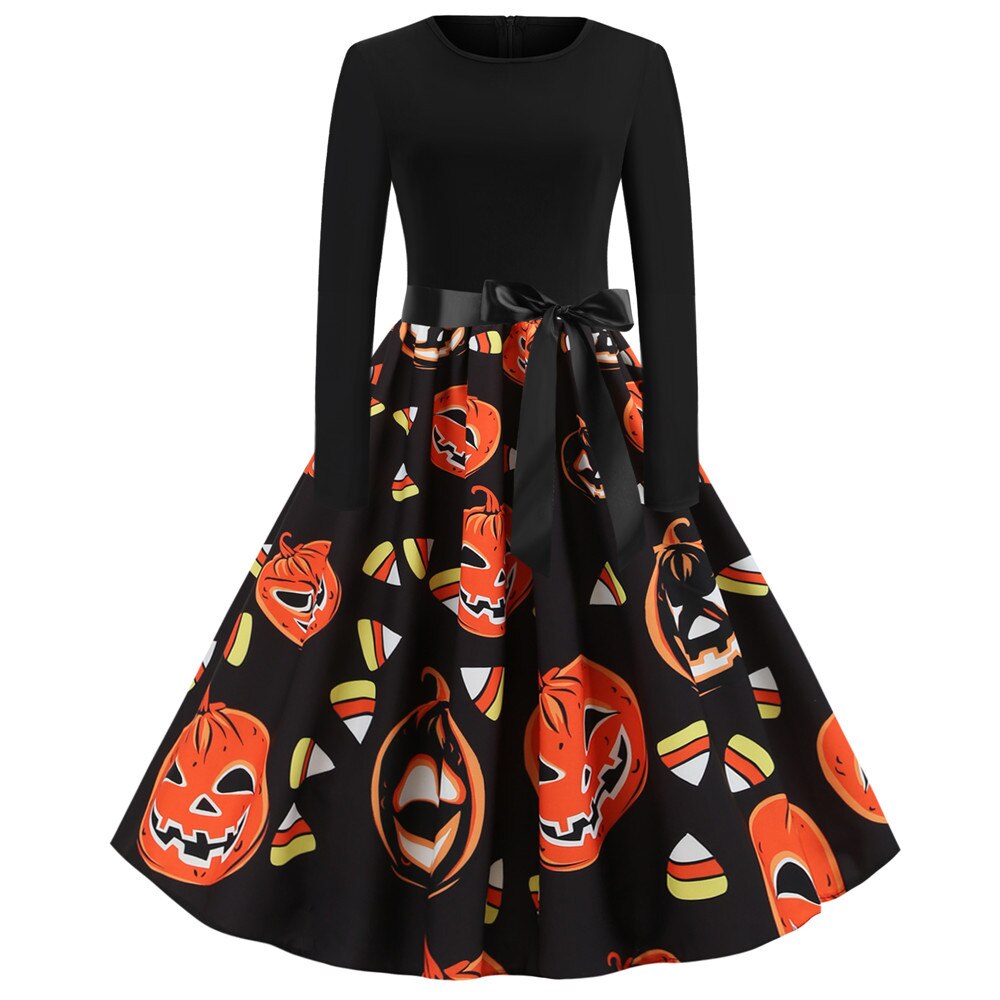 Gothic Cartoon Lange Mouwen Halloween Feestjurk | Midi