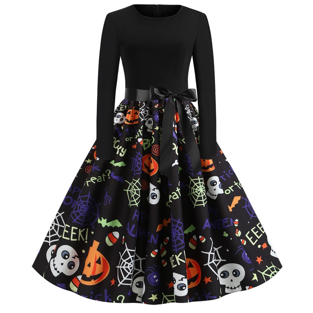 Gothic Cartoon Lange Mouwen Halloween Feestjurk | Midi