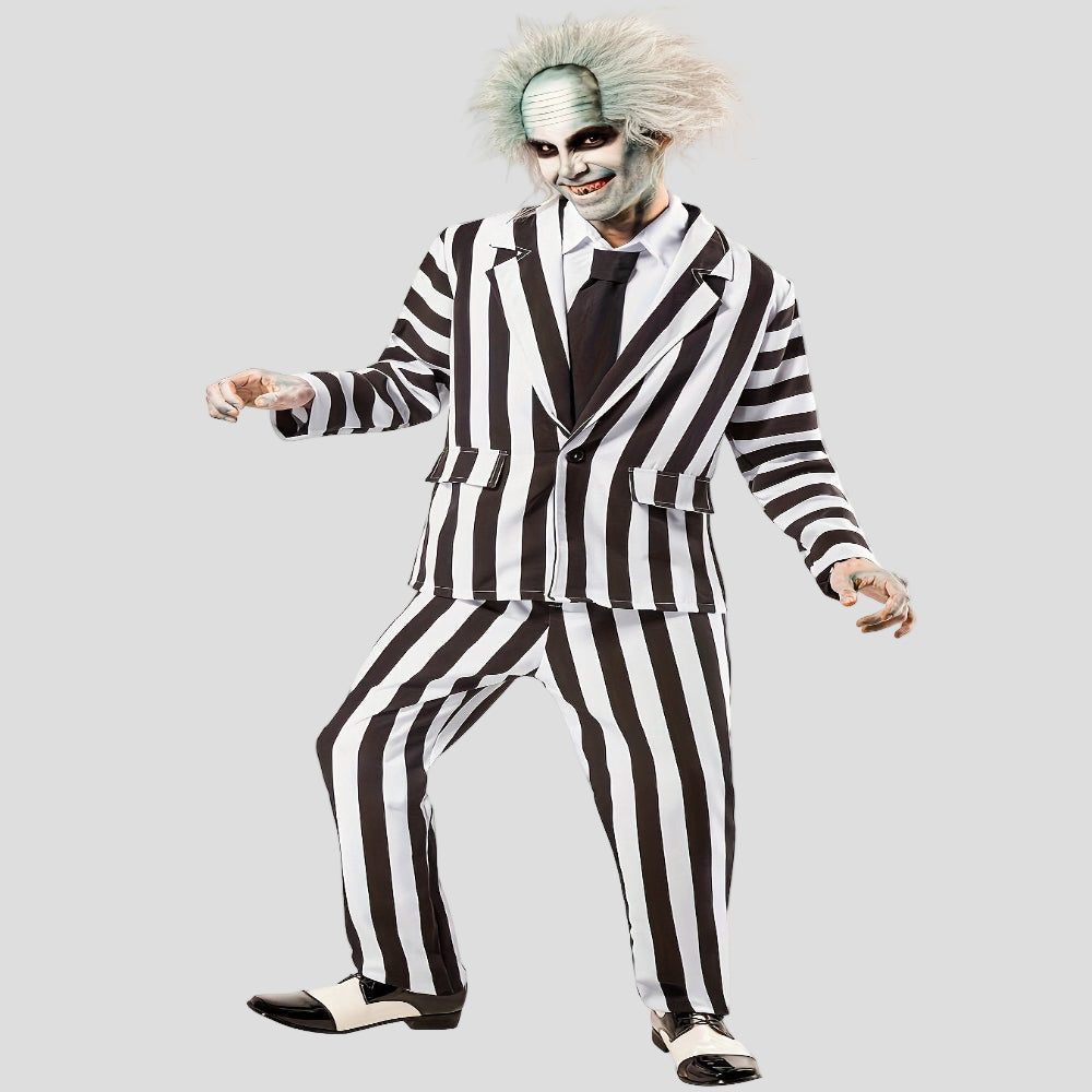 Halloween Kostuum Zwart Witte Gestreepte Polyester Pak Voor Mannen