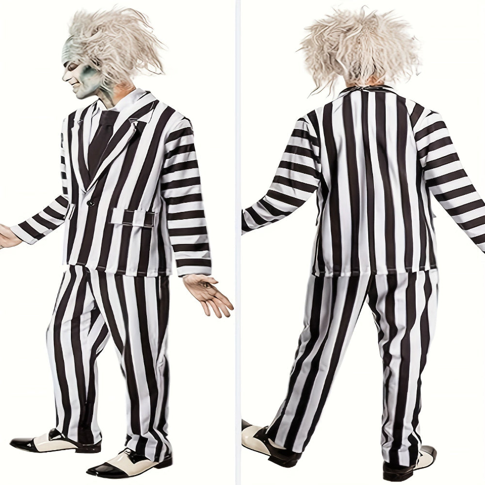 Halloween Kostuum Zwart Witte Gestreepte Polyester Pak Voor Mannen