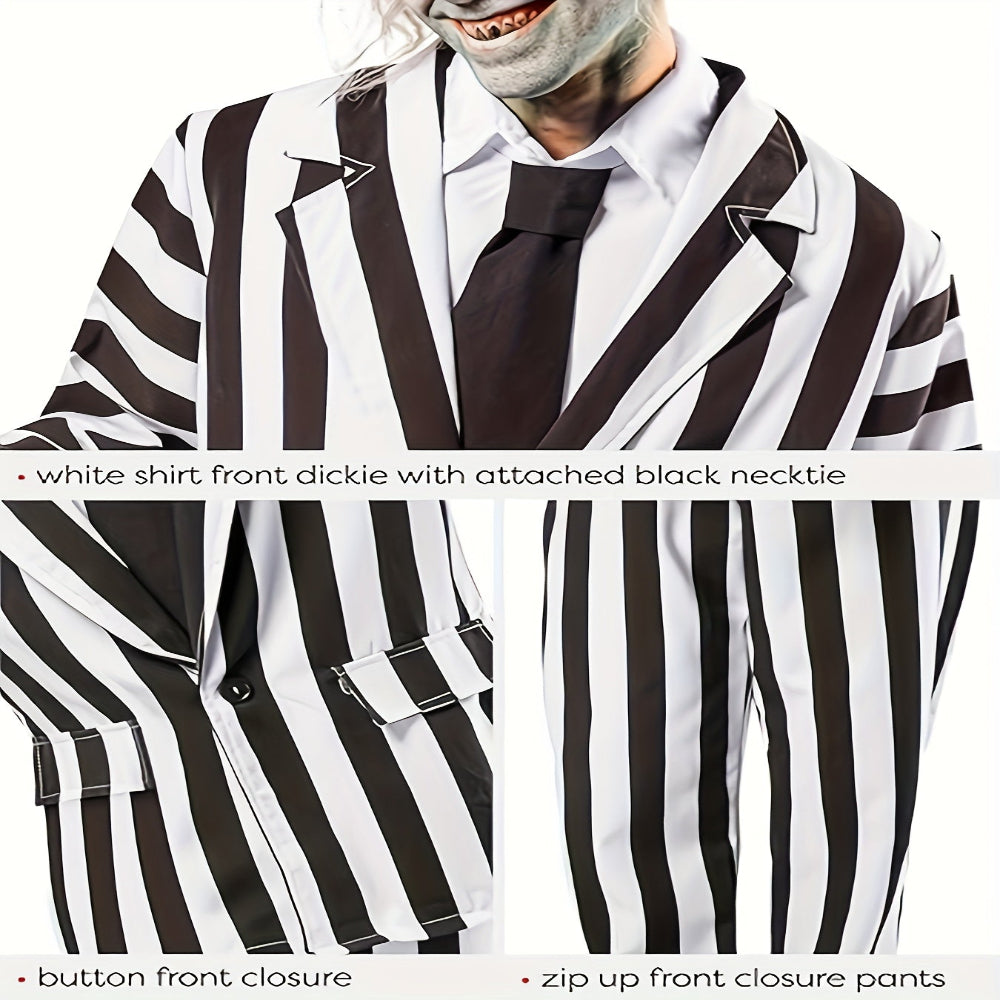 Halloween Kostuum Zwart Witte Gestreepte Polyester Pak Voor Mannen