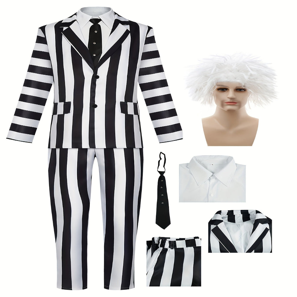 Halloween Kostuum Zwart Witte Gestreepte Polyester Pak Voor Mannen