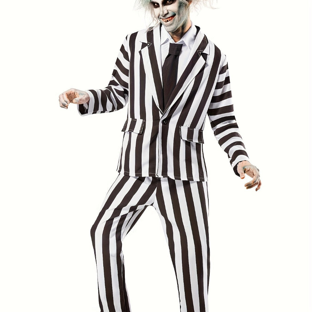 Halloween Kostuum Zwart Witte Gestreepte Polyester Pak Voor Mannen