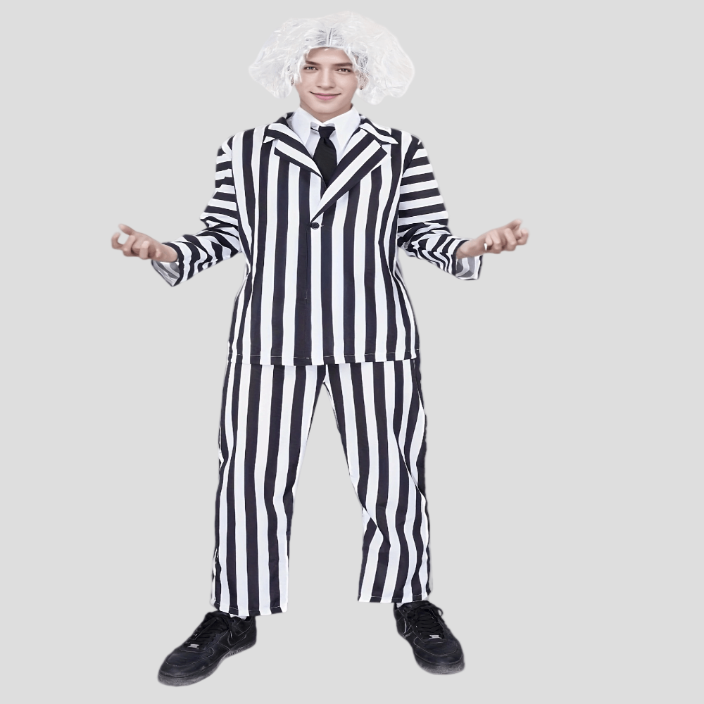 Halloween Kostuum Zwart Witte Gestreepte Polyester Pak Peruk Set