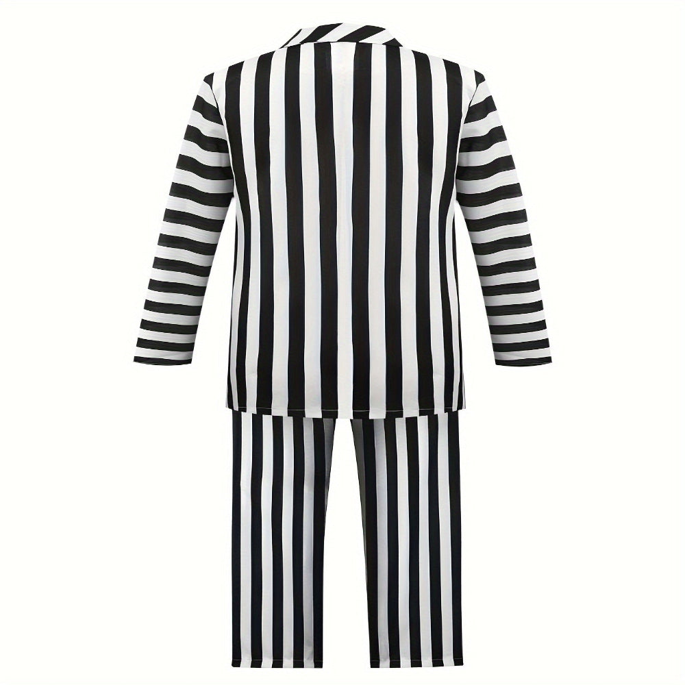 Halloween Kostuum Zwart Witte Gestreepte Polyester Pak Peruk Set