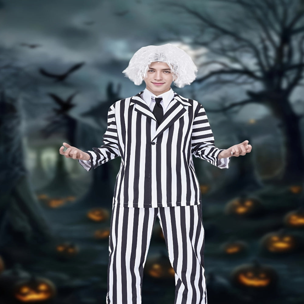 Halloween Kostuum Zwart Witte Gestreepte Polyester Pak Peruk Set