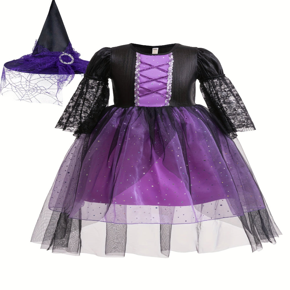 Halloween Heks Kostuum Kinderen Kanten Polyester Feestjurk Hoed Set