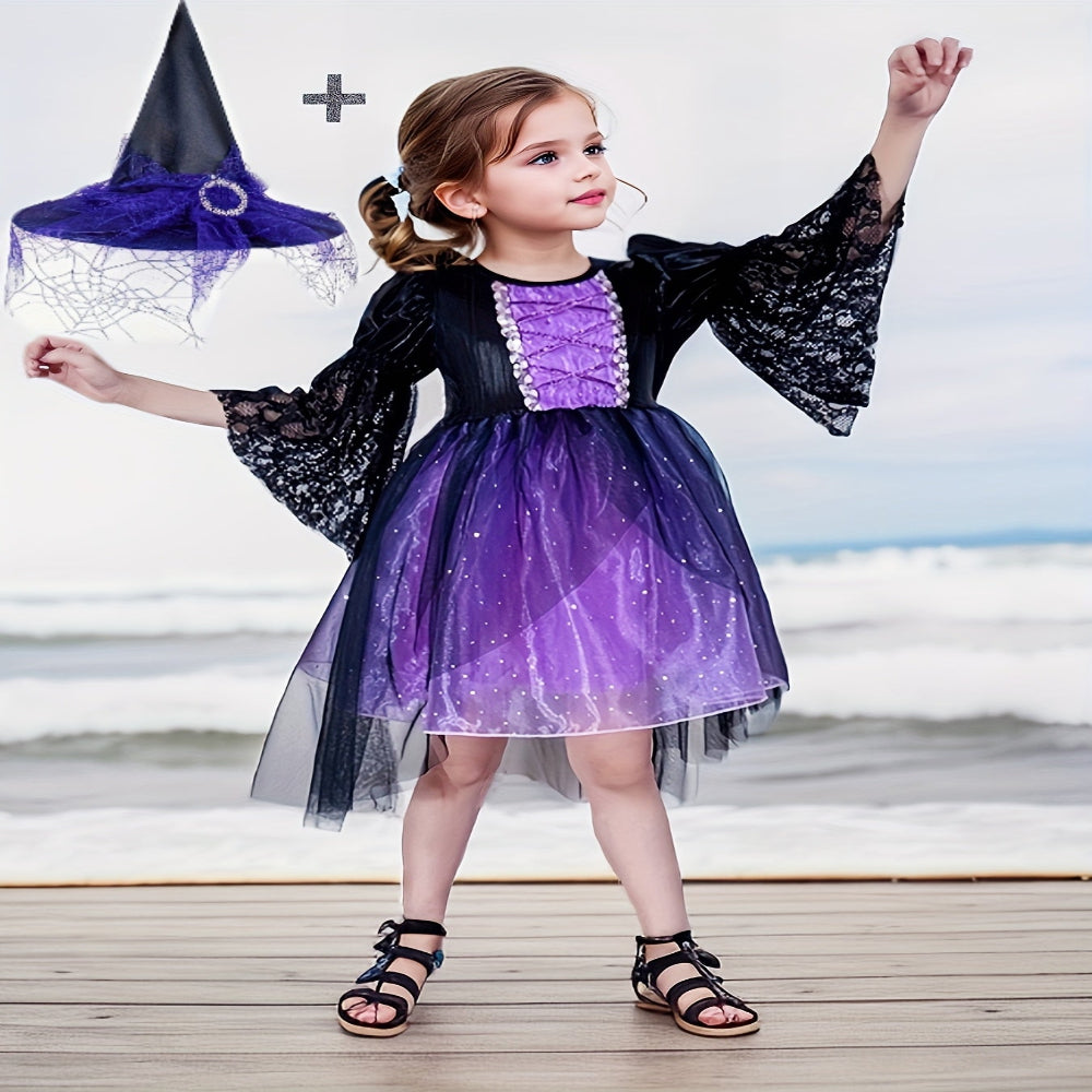 Halloween Heks Kostuum Kinderen Kanten Polyester Feestjurk Hoed Set
