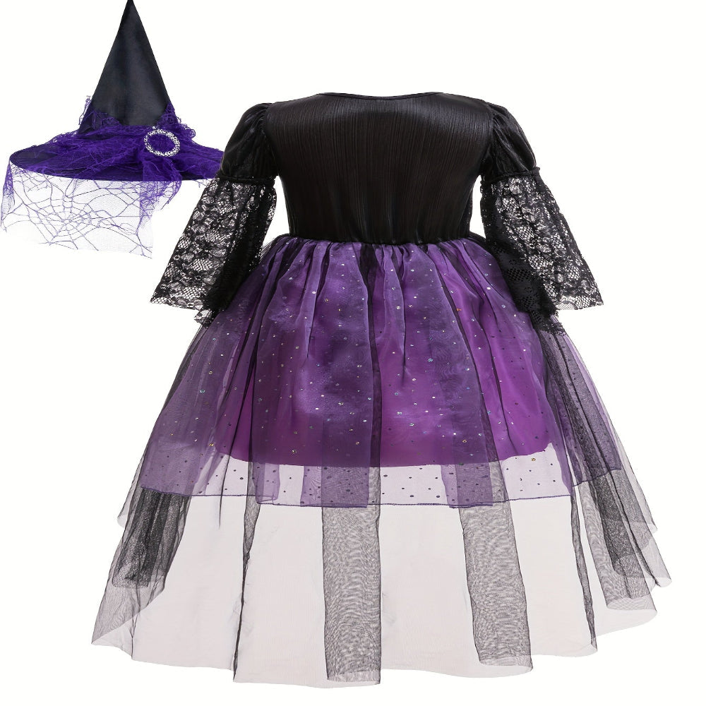 Halloween Heks Kostuum Kinderen Kanten Polyester Feestjurk Hoed Set