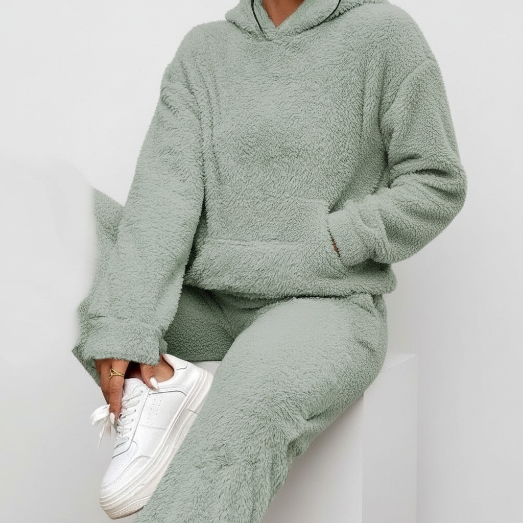 CozyTeddy Lounge Set – Warme Hoodie en Broek van Zachte Teddy-Stof met Kängurutas
