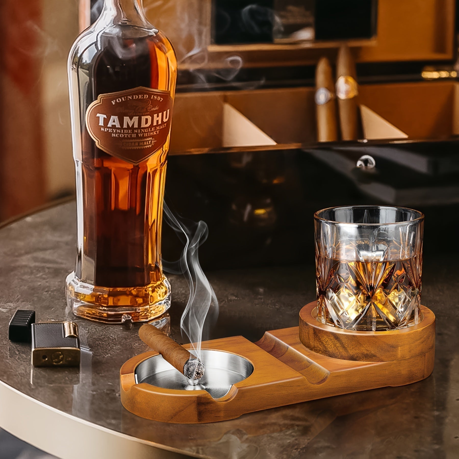CigarOak Aschenbecher met Whiskeyhouder – Luxe Houten Schaal voor Sigarenliefhebbers