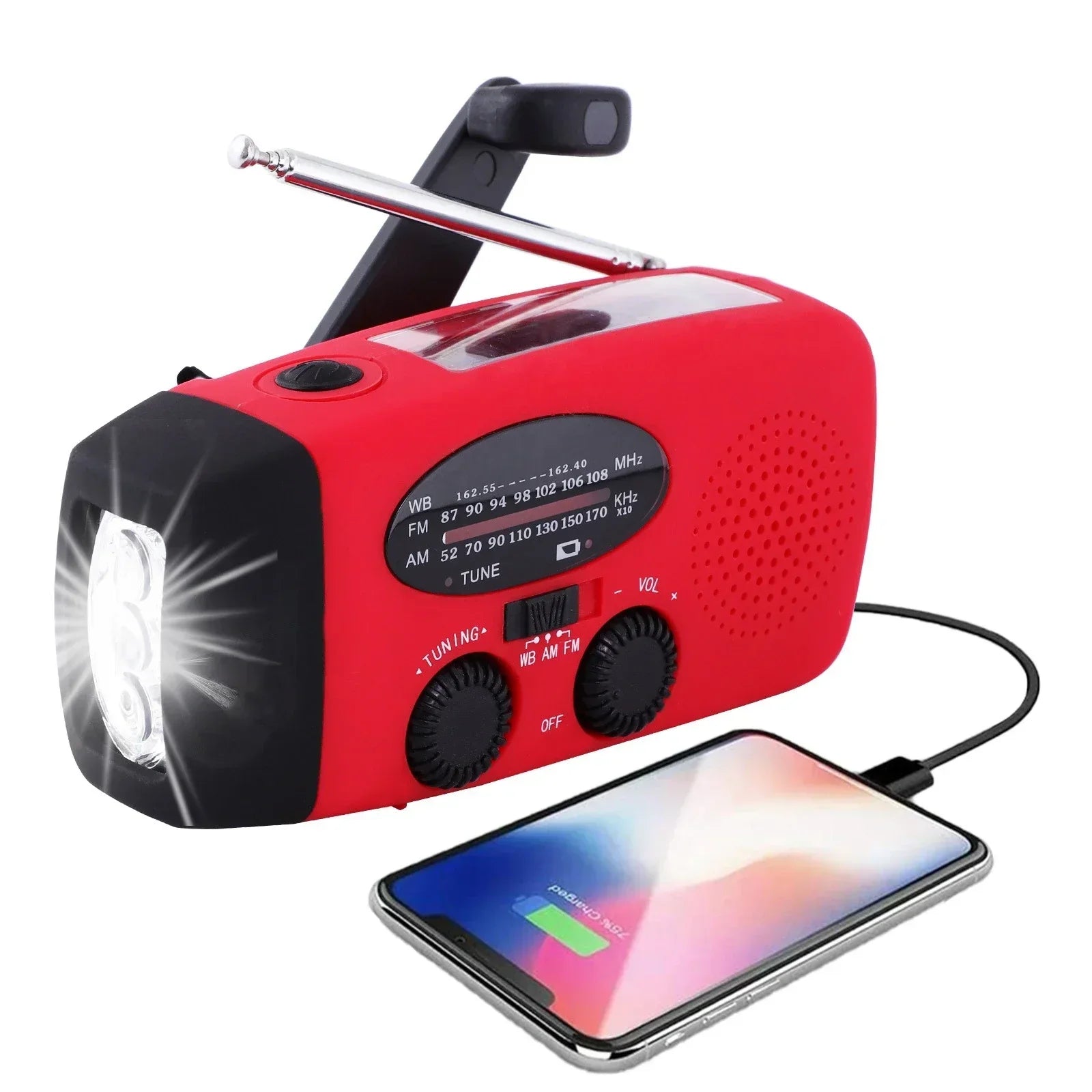 Draagbare Noodradio met Zaklamp en Powerbank – Zonne-energie, Handcrank, USB-C Opladen, Waterdicht, AM/FM Ontvangst