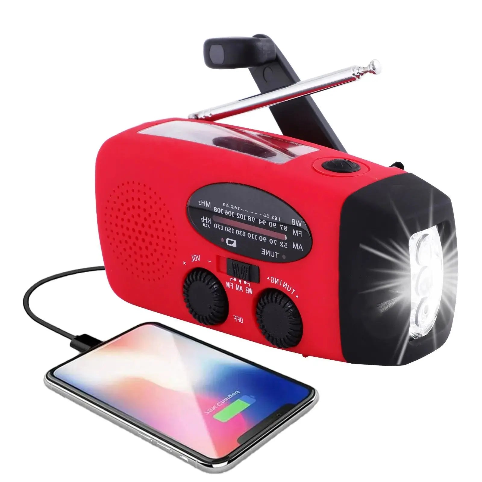 Draagbare Noodradio met Zaklamp en Powerbank – Zonne-energie, Handcrank, USB-C Opladen, Waterdicht, AM/FM Ontvangst