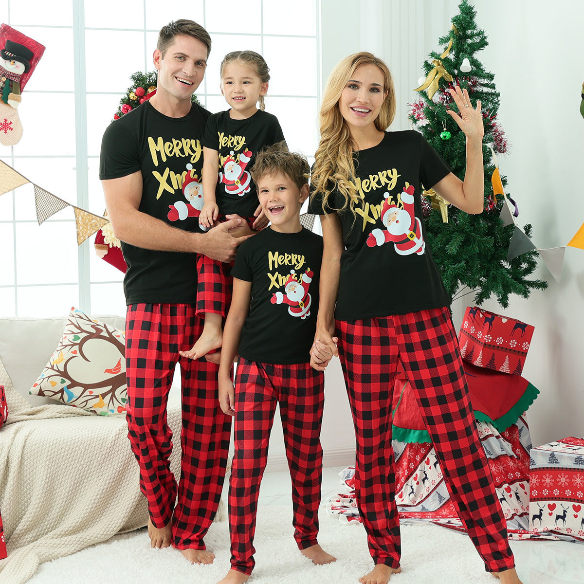 Rood Geruite Bijpassende Familie Kerst Pyjama's - Korte Mouwen