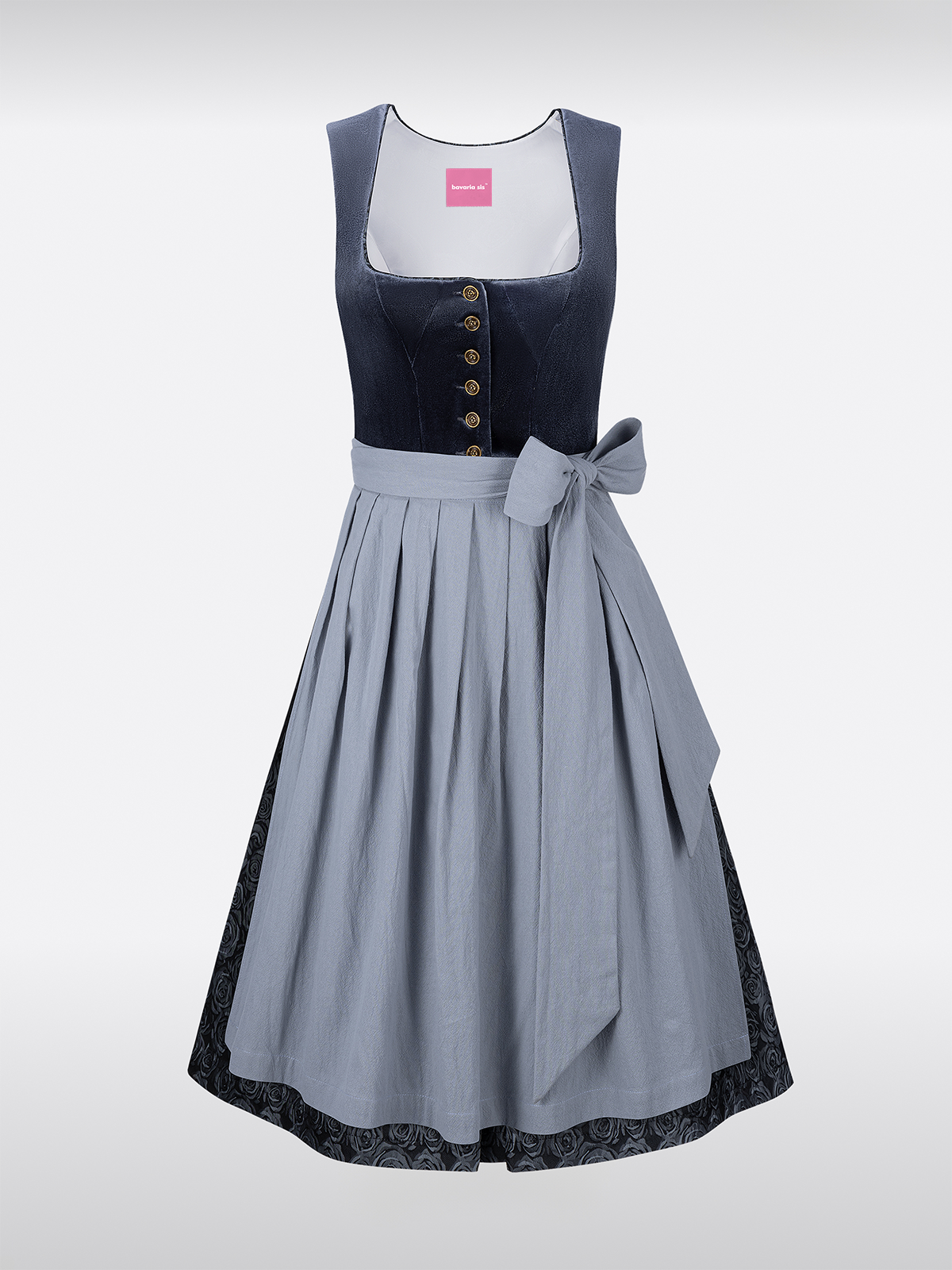 Samt Dirndl in Blauw met Rechte Halslijn Knopen Bloemmotief