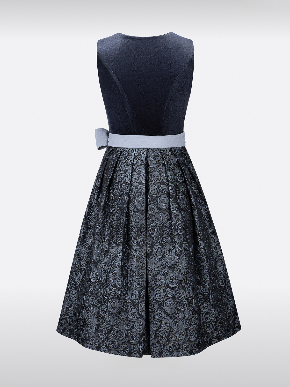 Samt Dirndl in Blauw met Rechte Halslijn Knopen Bloemmotief