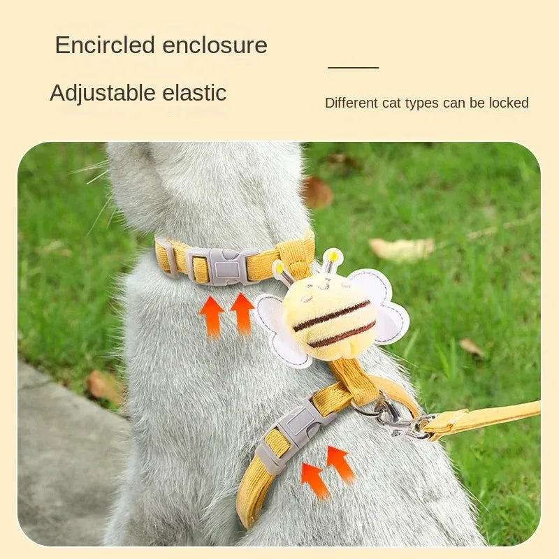 BeeWalk | Verstelbare Harnasset met Leash & Halsband | Dubbel Laags Ontwerp in Cartoon Bijen Look | Voor Katten & Kleine Honden