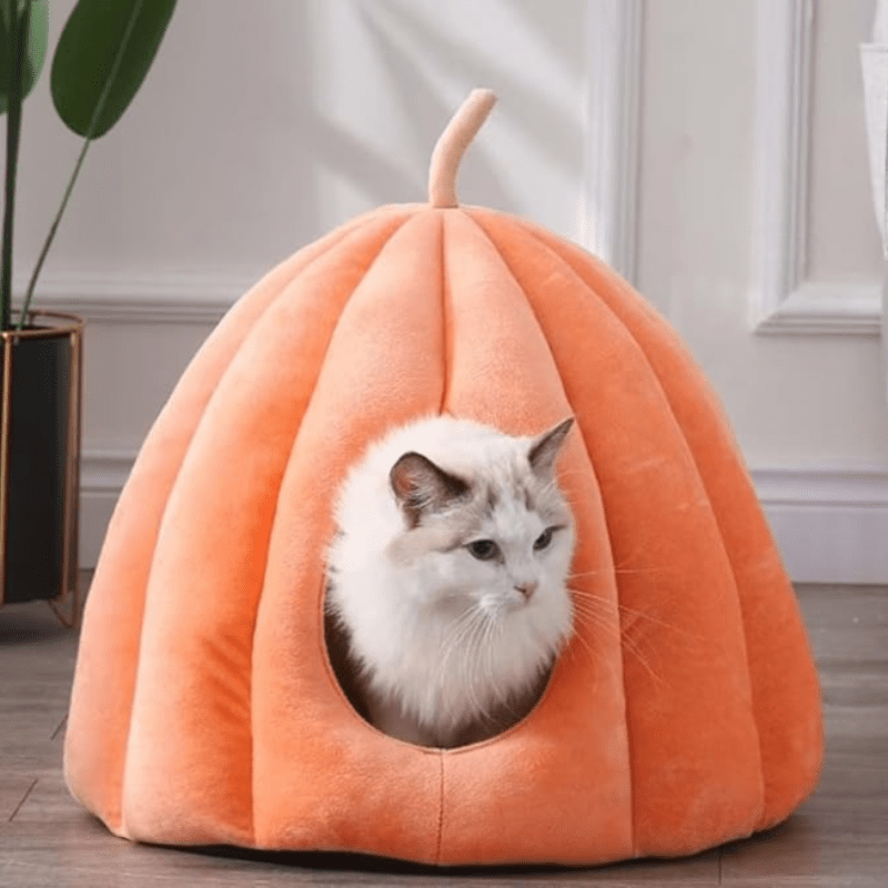 Pumpkinpaws Cozy Pompoenvormige Kattenbed voor wintercomfort & halloween sfeer