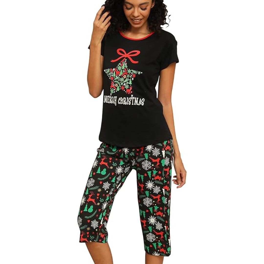 KatoenLounge Dames Pyjama Set – Ademend Capri Nachtkleding met Korte Mouwen