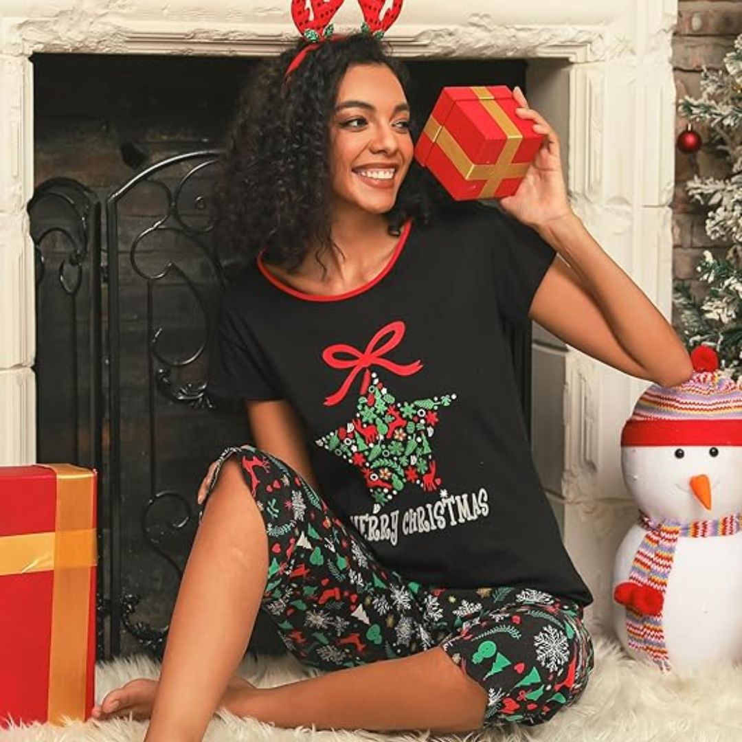 KatoenLounge Dames Pyjama Set – Ademend Capri Nachtkleding met Korte Mouwen