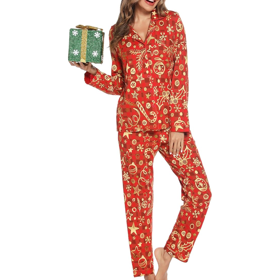 CozyCharm Kerst Pyjama Set – Zachte Dames Loungewear met Knopsluiting