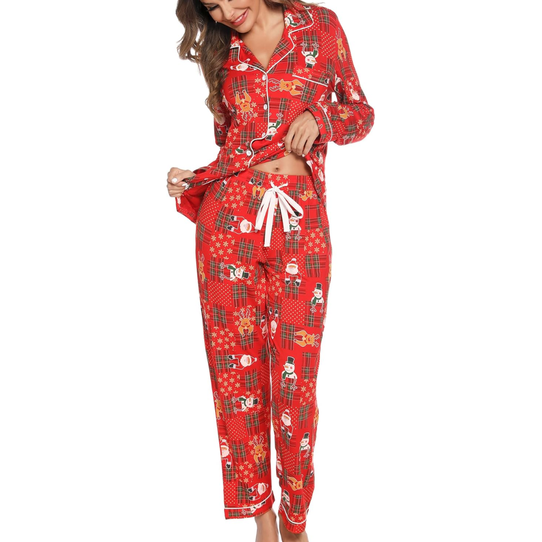CozyCharm Kerst Pyjama Set – Zachte Dames Loungewear met Knopsluiting